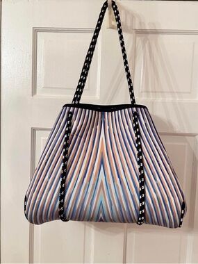 Striped Blue, Tan & White Neoprene Tote Bag - Women
